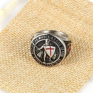 Men's Shield Cross Knights Templar Ring - 316L Stainless Steel, Sizes 7-15 (Red/Silver)